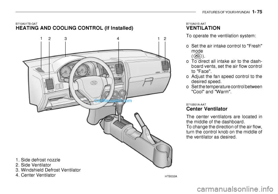 Hyundai Getz 2003 Manual Online FEATURES OF YOUR HYUNDAI 1- 75
B710A01TB-GAT
HEATING AND COOLING CONTROL (If Installed)
HTB032A
1. Side defrost nozzle
2. Side Ventilator
3. Windshield Defrost Ventilator
4. Center Ventilator B7 Hyundai Getz 2003 Manual Online FEATURES OF YOUR HYUNDAI 1- 75
B710A01TB-GAT
HEATING AND COOLING CONTROL (If Installed)
HTB032A
1. Side defrost nozzle
2. Side Ventilator
3. Windshield Defrost Ventilator
4. Center Ventilator B7