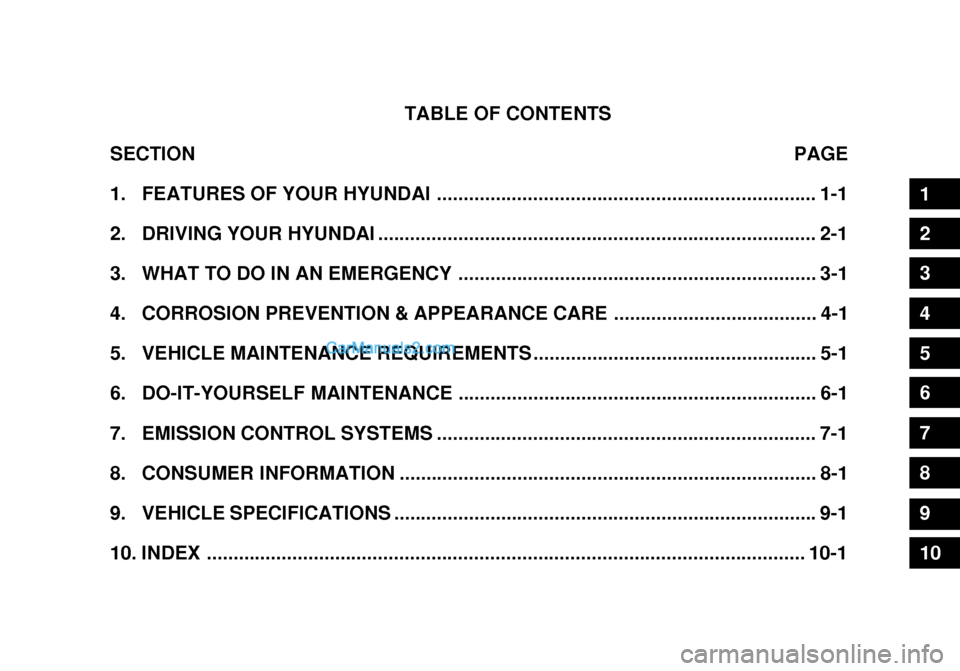 Hyundai Getz 2003  Owners Manual TABLE OF CONTENTS
SECTION PAGE
1. FEATURES OF YOUR HYUNDAI ....................................................................... 1-1 
2. DRIVING YOUR HYUNDAI ........................................
