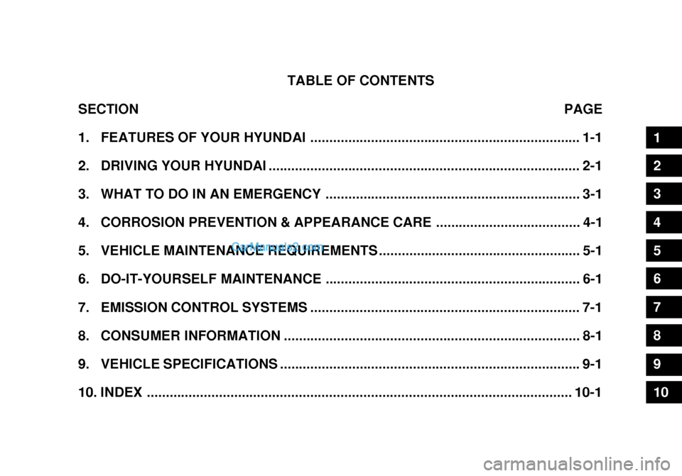Hyundai Getz 2003 Owners Manual TABLE OF CONTENTS
SECTION PAGE
1. FEATURES OF YOUR HYUNDAI ....................................................................... 1-1
2. DRIVING YOUR HYUNDAI ........................................ Hyundai Getz 2003 Owners Manual TABLE OF CONTENTS
SECTION PAGE
1. FEATURES OF YOUR HYUNDAI ....................................................................... 1-1
2. DRIVING YOUR HYUNDAI ........................................