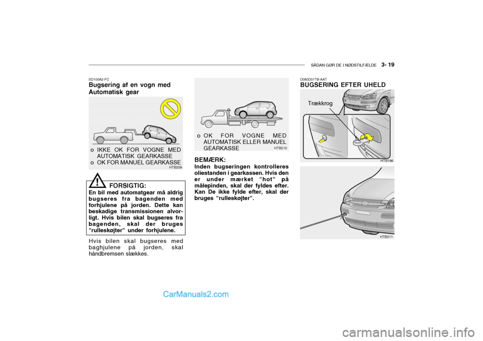 Hyundai Getz 2003 Instruktionsbog (in Danish) SÅDAN GØR DE I NØDSTILFÆLDE 3- 19
HTB196
HTB211
SD100A2-FC Bugsering af en vogn med Automatisk gear
FORSIGTIG:
En bil med automatgear må aldrig bugseres fra bagenden medforhjulene på jorden. D Hyundai Getz 2003 Instruktionsbog (in Danish) SÅDAN GØR DE I NØDSTILFÆLDE 3- 19
HTB196
HTB211
SD100A2-FC Bugsering af en vogn med Automatisk gear
FORSIGTIG:
En bil med automatgear må aldrig bugseres fra bagenden medforhjulene på jorden. D