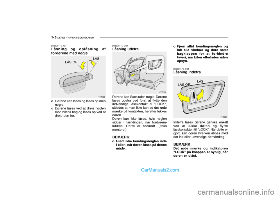 Hyundai Getz 2003 Instruktionsbog (in Danish) 1- 6 DERES HYUNDAIS EGENSKABER
B040B01TB-ACT Låsning og oplåsning af fordørene med nøgle B040C01FC-GCT Låsning udefra
B040D01FC-GCT Låsning indefra
LÅS OP
HTB056
o Dørene kan låses og låses Hyundai Getz 2003 Instruktionsbog (in Danish) 1- 6 DERES HYUNDAIS EGENSKABER
B040B01TB-ACT Låsning og oplåsning af fordørene med nøgle B040C01FC-GCT Låsning udefra
B040D01FC-GCT Låsning indefra
LÅS OP
HTB056
o Dørene kan låses og låses