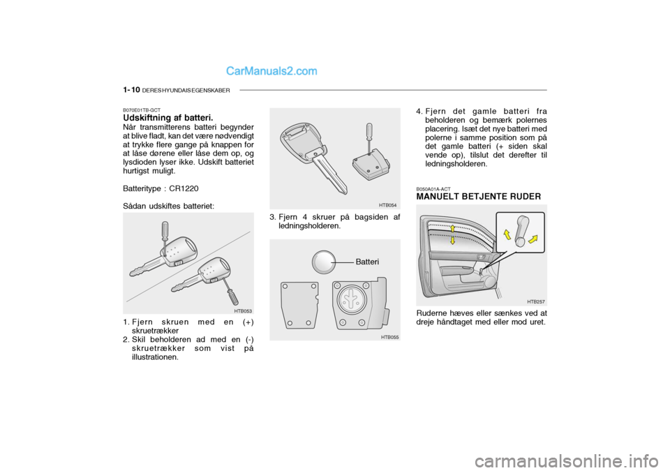 Hyundai Getz 2003 Instruktionsbog (in Danish) 1- 10 DERES HYUNDAIS EGENSKABER
B070E01TB-GCT Udskiftning af batteri. Når transmitterens batteri begynder at blive fladt, kan det være nødvendigtat trykke flere gange på knappen for at låse dør Hyundai Getz 2003 Instruktionsbog (in Danish) 1- 10 DERES HYUNDAIS EGENSKABER
B070E01TB-GCT Udskiftning af batteri. Når transmitterens batteri begynder at blive fladt, kan det være nødvendigtat trykke flere gange på knappen for at låse dør