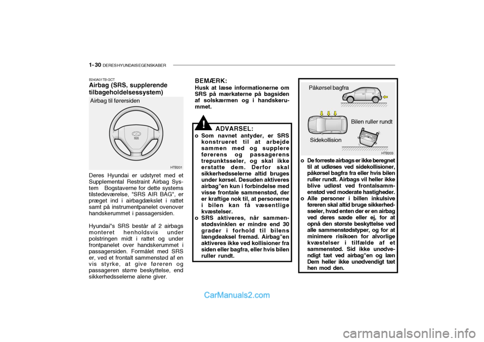 Hyundai Getz 2003 Instruktionsbog (in Danish) 1- 30 DERES HYUNDAIS EGENSKABER
HTB201
Airbag til førersiden
B240A01TB-GCT Airbag (SRS, supplerende tilbageholdelsessystem)
Deres Hyundai er udstyret med et Supplemental Restraint Airbag Sys-tem B Hyundai Getz 2003 Instruktionsbog (in Danish) 1- 30 DERES HYUNDAIS EGENSKABER
HTB201
Airbag til førersiden
B240A01TB-GCT Airbag (SRS, supplerende tilbageholdelsessystem)
Deres Hyundai er udstyret med et Supplemental Restraint Airbag Sys-tem B