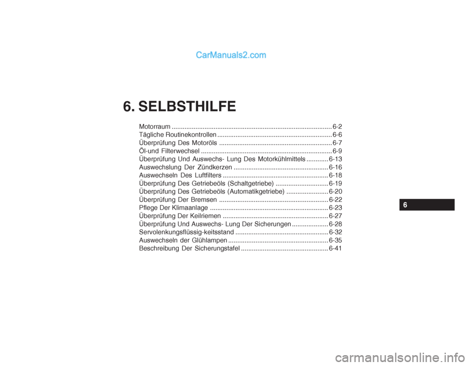 Hyundai Getz 2003  Betriebsanleitung (in German) 6. SELBSTHILFE
Motorraum........................................................................................ 6-2
Tägliche Routinekontrollen .......................................................