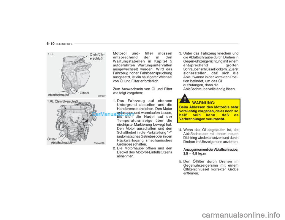 Hyundai Getz 2003  Betriebsanleitung (in German) 6- 10  SELBSTHILFE
!
1.3L
HTB222Öleinfüllv- erschluß
Ablaßschraube Ölfilter
1.6L
F040A02TB
.........
Motoröl und- filter müssen entsprechend der in denWartungstabellen in Kapitel 5aufgeführten
