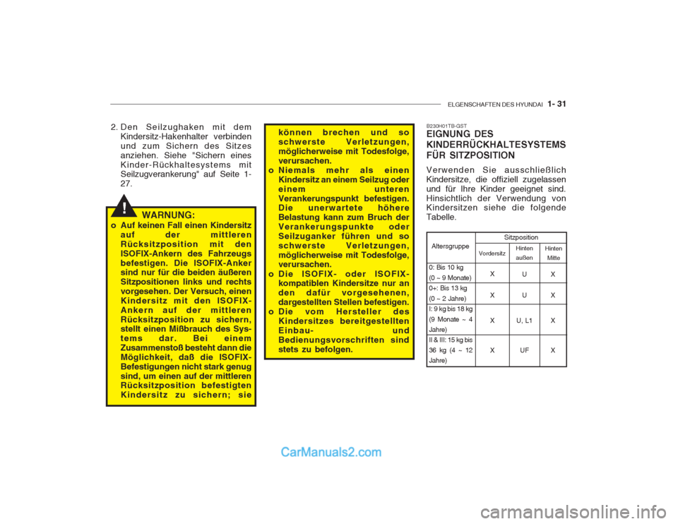 Hyundai Getz 2003  Betriebsanleitung (in German) ELGENSCHAFTEN DES HYUNDAI  1- 31
!
2. Den Seilzughaken mit dem
Kindersitz-Hakenhalter verbinden und zum Sichern des Sitzesanziehen. Siehe "Sichern einesKinder-Rückhaltesystems mit Seilzugverankerung"
