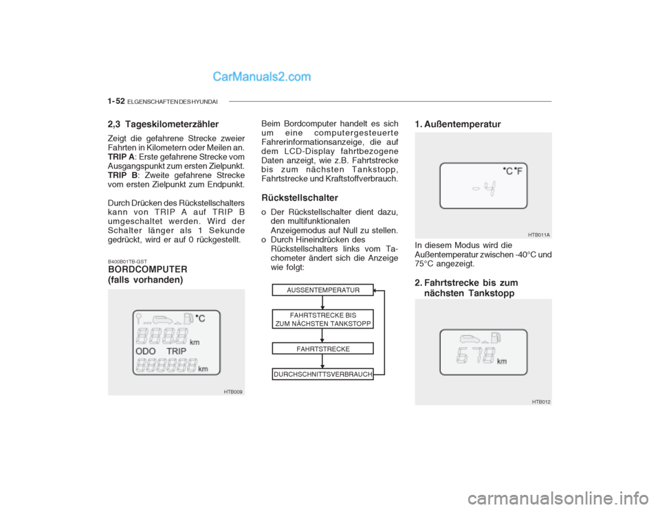 Hyundai Getz 2003  Betriebsanleitung (in German) 1- 52  ELGENSCHAFTEN DES HYUNDAI
HTB009 Beim Bordcomputer handelt es sich um eine computergesteuerteFahrerinformationsanzeige, die aufdem LCD-Display fahrtbezogeneDaten anzeigt, wie z.B. Fahrtstrecke 