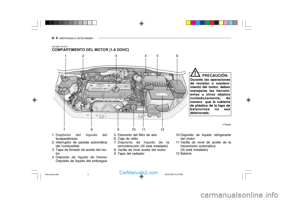 Hyundai Getz 2003  Manual del propietario (in Spanish) 6- 4  MANTENGALO USTED MISMO
G010B01TB-GYT
COMPARTIMENTO DEL MOTOR (1.6 DOHC)
HTB088A
12 3 4 5 6
789 10 11 12 PRECAUCIÓN:
Durante las operaciones
de revisión o manteni- miento del motor, deben manej