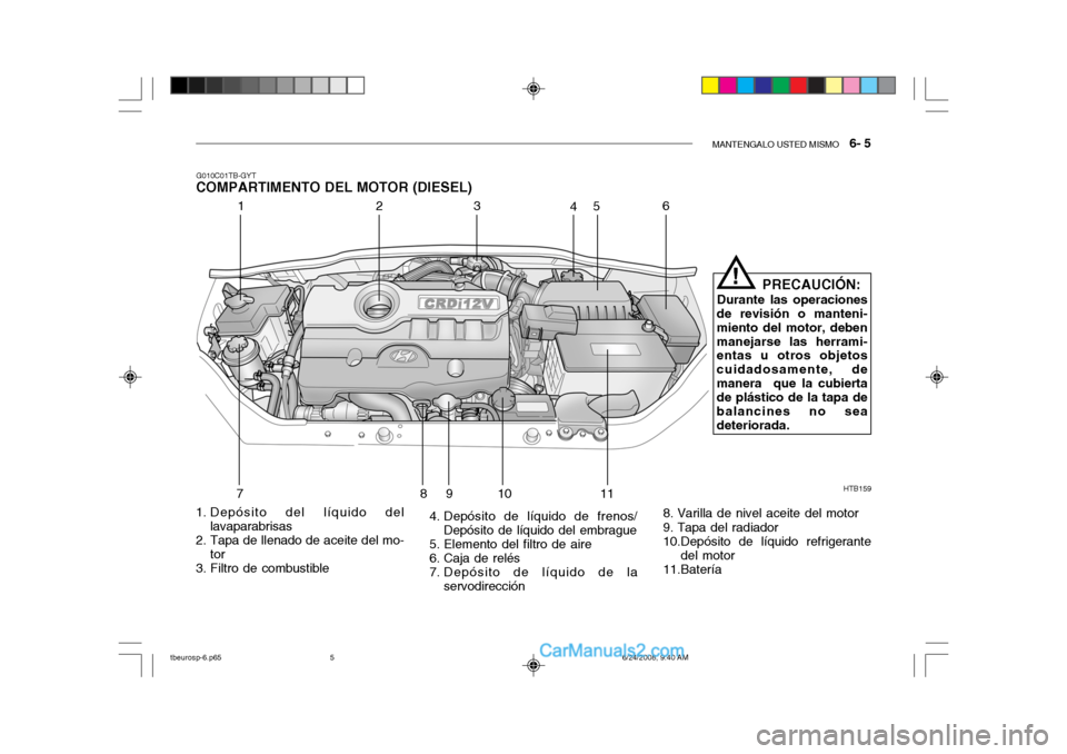 Hyundai Getz 2003  Manual del propietario (in Spanish) MANTENGALO USTED MISMO   6- 5
G010C01TB-GYT
COMPARTIMENTO DEL MOTOR (DIESEL)
HTB159
123
45 6
78 910
11 PRECAUCIÓN:
Durante las operaciones
de revisión o manteni- miento del motor, debenmanejarse las