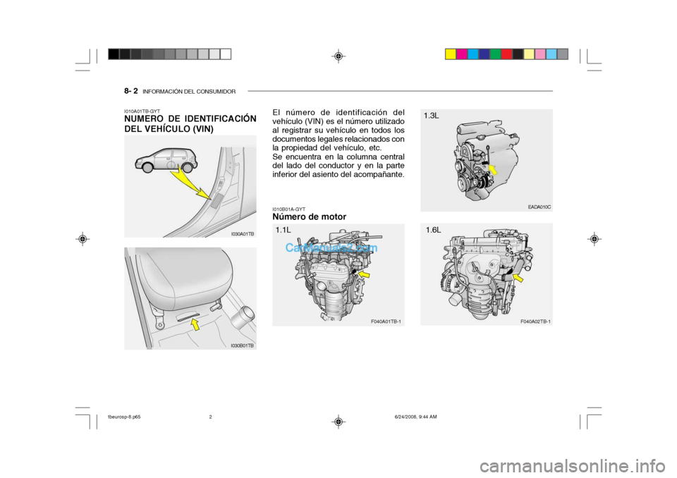 Hyundai Getz 2003  Manual del propietario (in Spanish) 8- 2  INFORMACIÓN DEL CONSUMIDOR
I010A01TB-GYT NUMERO DE IDENTIFICACIÓN DEL VEHÍCULO (VIN)
I010B01A-GYT
Número de motor
I030A01TB
I030B01TB El número de identificación del vehículo (VIN) es el 