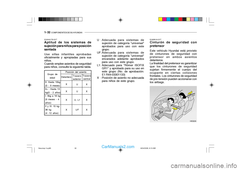 Hyundai Getz 2003  Manual del propietario (in Spanish) 1- 32  COMPONENTES DE SU HYUNDAI
B180B01A-GYT Cinturón de seguridad con pretensor Este vehículo Hyundai está provisto de cinturones de seguridad con pretensor en ambos asientos delanteros. La final
