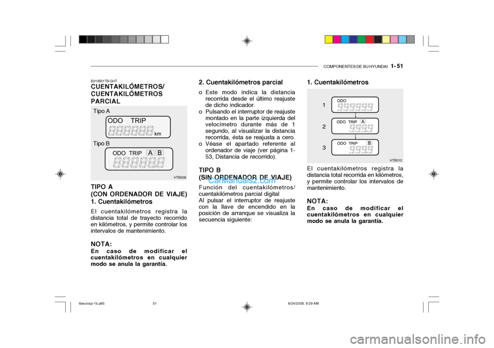 Hyundai Getz 2003  Manual del propietario (in Spanish) COMPONENTES DE SU HYUNDAI   1- 51
B310B01TB-GHT CUENTAKILÓMETROS/ CUENTAKILÓMETROSPARCIAL TIPO A (CON ORDENADOR DE VIAJE)1. Cuentakilómetros El cuentakilómetros registra la
distancia total de tray