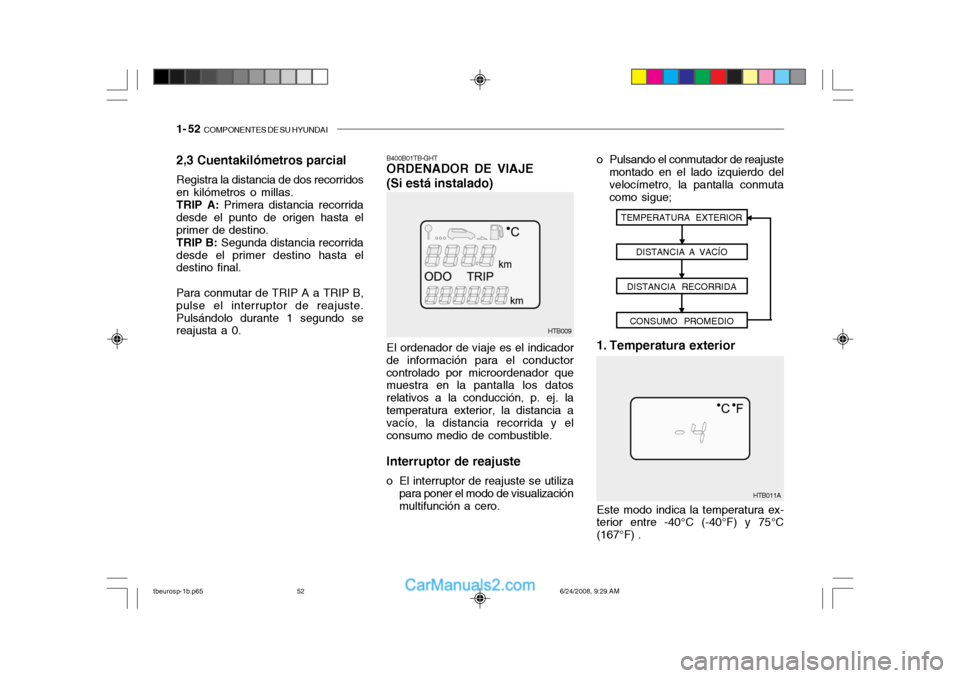 Hyundai Getz 2003  Manual del propietario (in Spanish) 1- 52  COMPONENTES DE SU HYUNDAI
2,3 Cuentakilómetros parcial Registra la distancia de dos recorridos en kilómetros o millas.TRIP A:  Primera distancia recorrida
desde el punto de origen hasta elpri