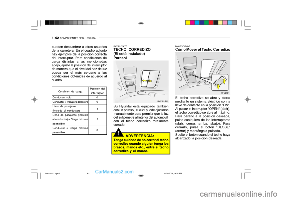 Hyundai Getz 2003  Manual del propietario (in Spanish) 1- 62  COMPONENTES DE SU HYUNDAI
!
pueden deslumbrar a otros usuarios de la carretera. En el cuadro adjunto hay ejemplos de la posición correctadel interruptor. Para condiciones de carga distintas a 