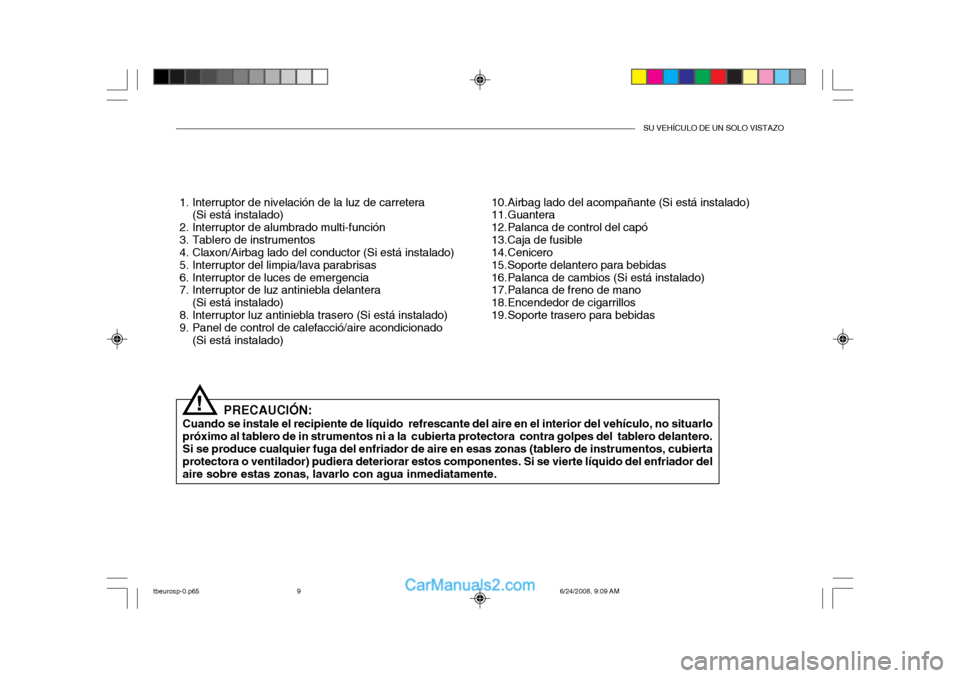 Hyundai Getz 2003 Manual del propietario (in Spanish) SU VEHÍCULO DE UN SOLO VISTAZO
1. Interruptor de nivelación de la luz de carretera(Si está instalado)
2. Interruptor de alumbrado multi-función
3. Tablero de instrumentos
4. Claxon/Airbag la Hyundai Getz 2003 Manual del propietario (in Spanish) SU VEHÍCULO DE UN SOLO VISTAZO
1. Interruptor de nivelación de la luz de carretera(Si está instalado)
2. Interruptor de alumbrado multi-función
3. Tablero de instrumentos
4. Claxon/Airbag la