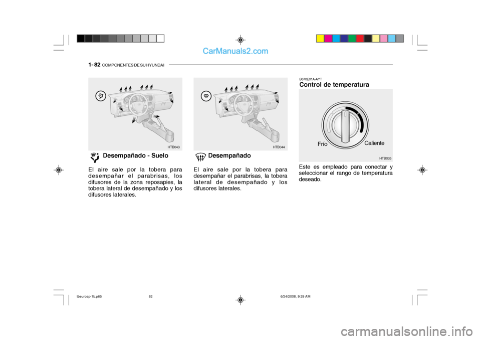 Hyundai Getz 2003 Manual del propietario (in Spanish) 1- 82 COMPONENTES DE SU HYUNDAI
Desempañado - Suelo
El aire sale por la tobera para desempañar el parabrisas, losdifusores de la zona reposapies, la tobera lateral de desempañado y los difusores l Hyundai Getz 2003 Manual del propietario (in Spanish) 1- 82 COMPONENTES DE SU HYUNDAI
Desempañado - Suelo
El aire sale por la tobera para desempañar el parabrisas, losdifusores de la zona reposapies, la tobera lateral de desempañado y los difusores l