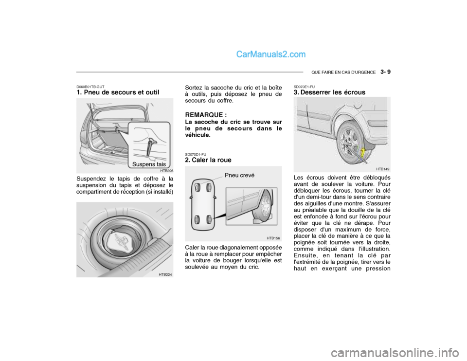 Hyundai Getz 2003 Manuel du propriétaire (in French) QUE FAIRE EN CAS DURGENCE 3- 9
Pneu crevé
HTB156
Sortez la sacoche du cric et la boîte à outils, puis déposez le pneu de secours du coffre. REMARQUE : La sacoche du cric se trouve sur le pneu d Hyundai Getz 2003 Manuel du propriétaire (in French) QUE FAIRE EN CAS DURGENCE 3- 9
Pneu crevé
HTB156
Sortez la sacoche du cric et la boîte à outils, puis déposez le pneu de secours du coffre. REMARQUE : La sacoche du cric se trouve sur le pneu d