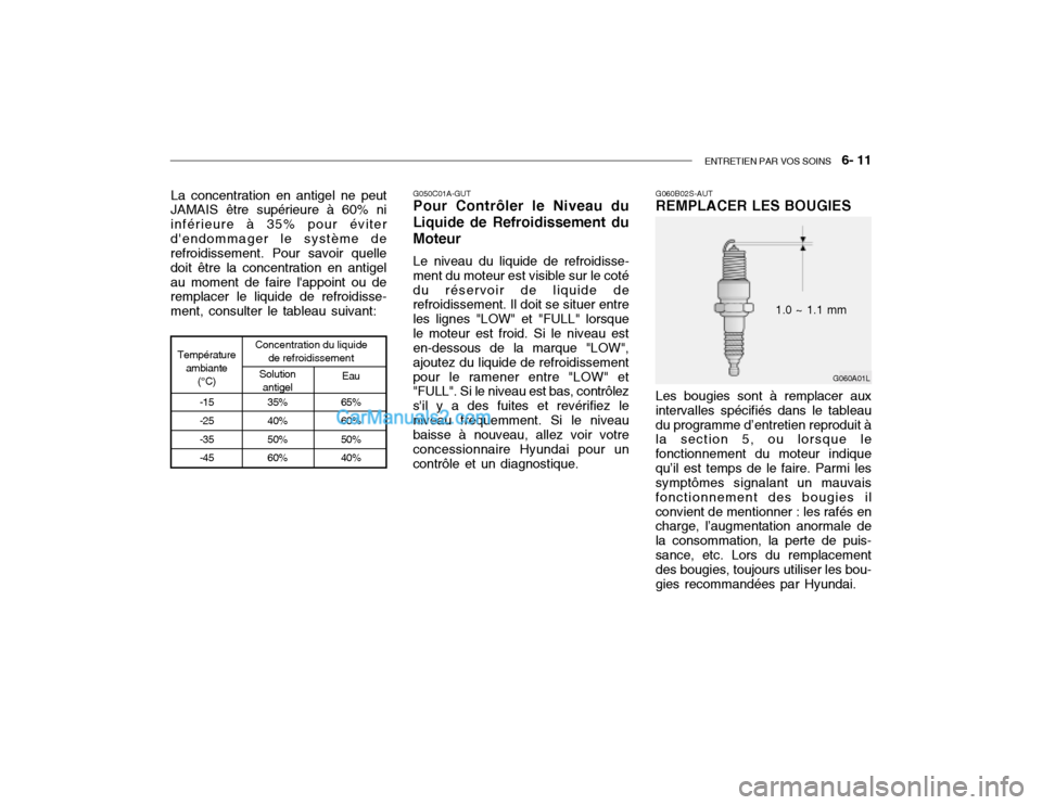 Hyundai Getz 2003 Manuel du propriétaire (in French) ENTRETIEN PAR VOS SOINS 6- 11
G050C01A-GUT Pour Contrôler le Niveau du
Liquide de Refroidissement du Moteur
Le niveau du liquide de refroidisse-
ment du moteur est visible sur le coté du réservoi Hyundai Getz 2003 Manuel du propriétaire (in French) ENTRETIEN PAR VOS SOINS 6- 11
G050C01A-GUT Pour Contrôler le Niveau du
Liquide de Refroidissement du Moteur
Le niveau du liquide de refroidisse-
ment du moteur est visible sur le coté du réservoi