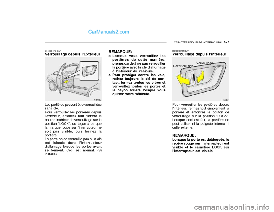 Hyundai Getz 2003 Manuel du propriétaire (in French) CARACTÉRISTIQUES DE VOTRE HYUNDAI 1- 7
B040C01FC-GUT Verrouillage depuis lExtérieur
Les portières peuvent être verrouillées
sans clé.
Pour verrouiller les portières depuis
lextérieur, enfo Hyundai Getz 2003 Manuel du propriétaire (in French) CARACTÉRISTIQUES DE VOTRE HYUNDAI 1- 7
B040C01FC-GUT Verrouillage depuis lExtérieur
Les portières peuvent être verrouillées
sans clé.
Pour verrouiller les portières depuis
lextérieur, enfo