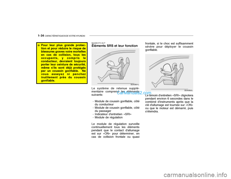 Hyundai Getz 2003 Manuel du propriétaire (in French) 1- 34 CARACTÉRISTIQUES DE VOTRE HYUNDAI
o Pour leur plus grande protec-
tion et pour réduire le risque de blessures graves voire mortelles en cas de collision, tous lesoccupants, y compris le condu Hyundai Getz 2003 Manuel du propriétaire (in French) 1- 34 CARACTÉRISTIQUES DE VOTRE HYUNDAI
o Pour leur plus grande protec-
tion et pour réduire le risque de blessures graves voire mortelles en cas de collision, tous lesoccupants, y compris le condu