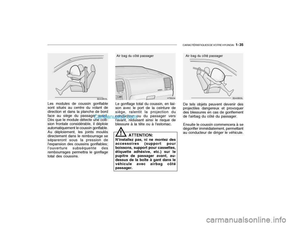 Hyundai Getz 2003 Manuel du propriétaire (in French) CARACTÉRISTIQUES DE VOTRE HYUNDAI 1- 35
Le gonflage total du coussin, en liai-
son avec le port de la ceinture de siège, ralentit la projection du conducteur ou du passager vers lavant, réduisan Hyundai Getz 2003 Manuel du propriétaire (in French) CARACTÉRISTIQUES DE VOTRE HYUNDAI 1- 35
Le gonflage total du coussin, en liai-
son avec le port de la ceinture de siège, ralentit la projection du conducteur ou du passager vers lavant, réduisan