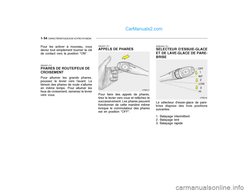 Hyundai Getz 2003 Manuel du propriétaire (in French) 1- 54 CARACTÉRISTIQUES DE VOTRE HYUNDAI
6SB230A1-FU SELECTEUR DESSUIE-GLACE
ET DE LAVE-GLACE DE PARE- BRISE
Le sélecteur dessie-glace de pare-
brise dispose des trois positions suivantes: 1. Bala Hyundai Getz 2003 Manuel du propriétaire (in French) 1- 54 CARACTÉRISTIQUES DE VOTRE HYUNDAI
6SB230A1-FU SELECTEUR DESSUIE-GLACE
ET DE LAVE-GLACE DE PARE- BRISE
Le sélecteur dessie-glace de pare-
brise dispose des trois positions suivantes: 1. Bala