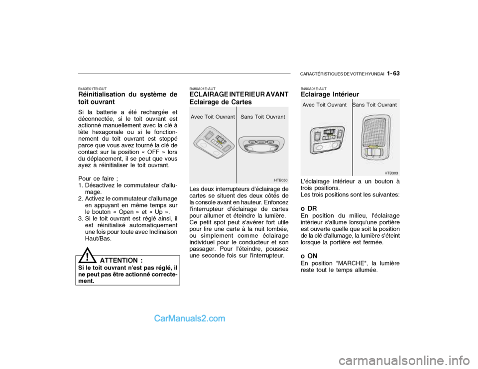Hyundai Getz 2003 Manuel du propriétaire (in French) CARACTÉRISTIQUES DE VOTRE HYUNDAI 1- 63
B460E01TB-GUT Réinitialisation du système de toit ouvrant Si la batterie a été rechargée et déconnectée, si le toit ouvrant est actionné manuellement Hyundai Getz 2003 Manuel du propriétaire (in French) CARACTÉRISTIQUES DE VOTRE HYUNDAI 1- 63
B460E01TB-GUT Réinitialisation du système de toit ouvrant Si la batterie a été rechargée et déconnectée, si le toit ouvrant est actionné manuellement