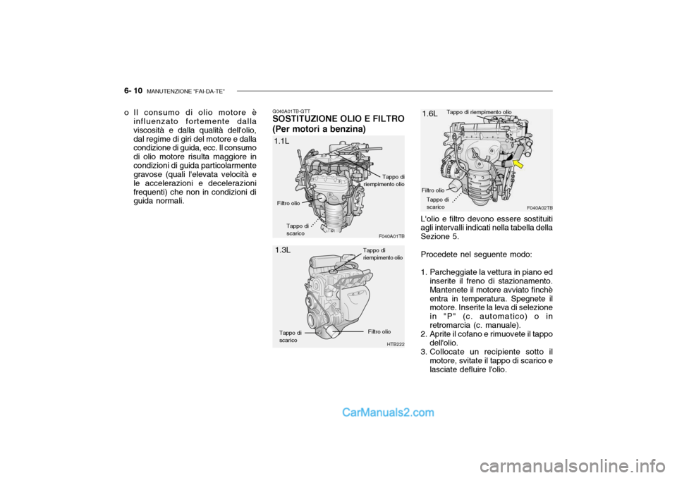 Hyundai Getz 2003  Manuale del proprietario (in Italian) 6- 10  MANUTENZIONE "FAI-DA-TE"
o Il consumo di olio motore è
influenzato fortemente dalla viscosità e dalla qualità dellolio,dal regime di giri del motore e dalla condizione di guida, ecc. Il con