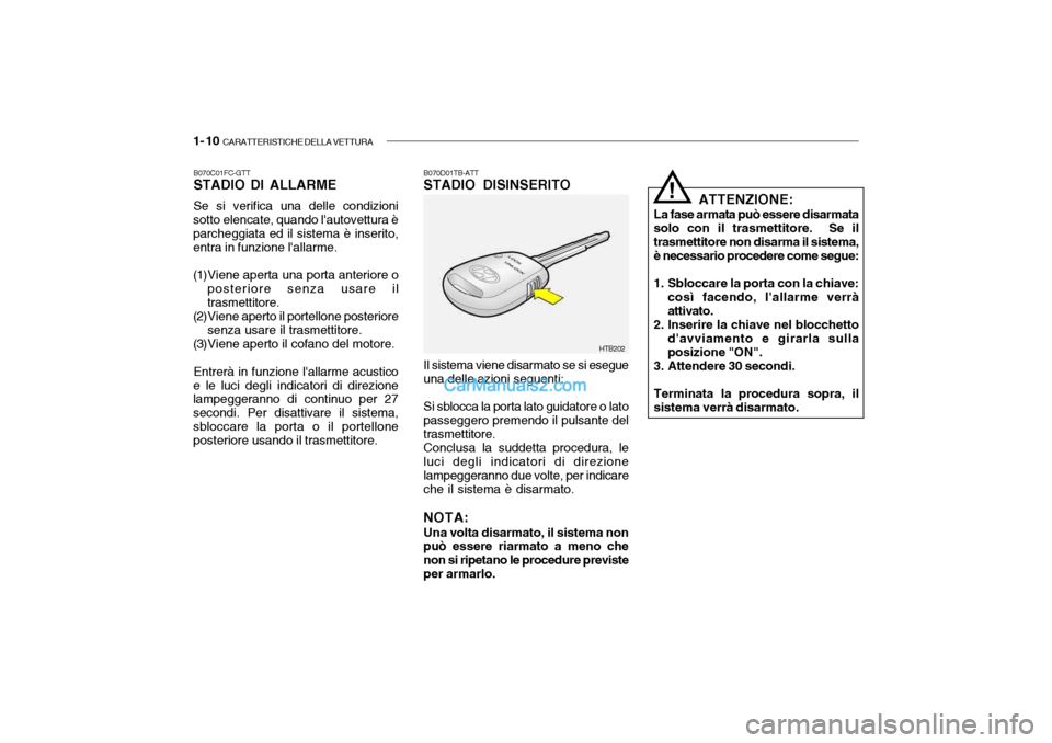 Hyundai Getz 2003 Manuale del proprietario (in Italian) 1- 10 CARATTERISTICHE DELLA VETTURA
B070D01TB-ATT STADIO DISINSERITO Il sistema viene disarmato se si esegue una delle azioni seguenti: Si sblocca la porta lato guidatore o lato passeggero premendo i Hyundai Getz 2003 Manuale del proprietario (in Italian) 1- 10 CARATTERISTICHE DELLA VETTURA
B070D01TB-ATT STADIO DISINSERITO Il sistema viene disarmato se si esegue una delle azioni seguenti: Si sblocca la porta lato guidatore o lato passeggero premendo i