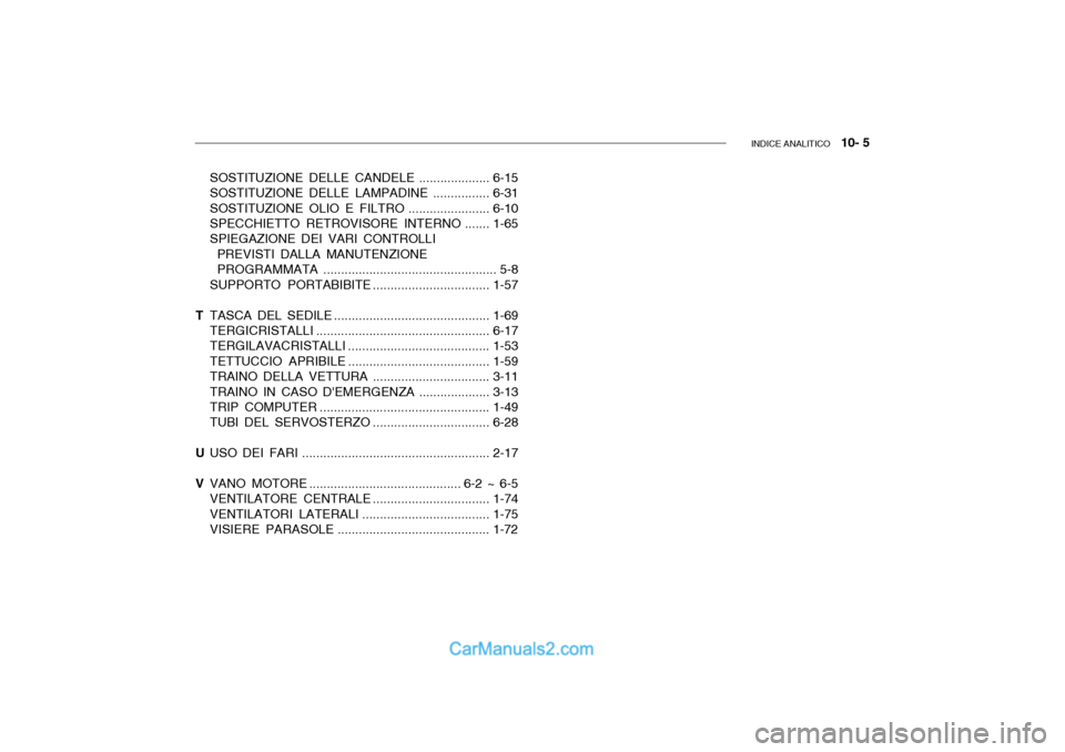 Hyundai Getz 2003 Manuale del proprietario (in Italian) INDICE ANALITICO 10- 5
SOSTITUZIONE DELLE CANDELE ....................6-15
SOSTITUZIONE DELLE LAMPADINE ................6-31
SOSTITUZIONE OLIO E FILTRO .......................6-10
SPECCHIETTO RETR Hyundai Getz 2003 Manuale del proprietario (in Italian) INDICE ANALITICO 10- 5
SOSTITUZIONE DELLE CANDELE ....................6-15
SOSTITUZIONE DELLE LAMPADINE ................6-31
SOSTITUZIONE OLIO E FILTRO .......................6-10
SPECCHIETTO RETR