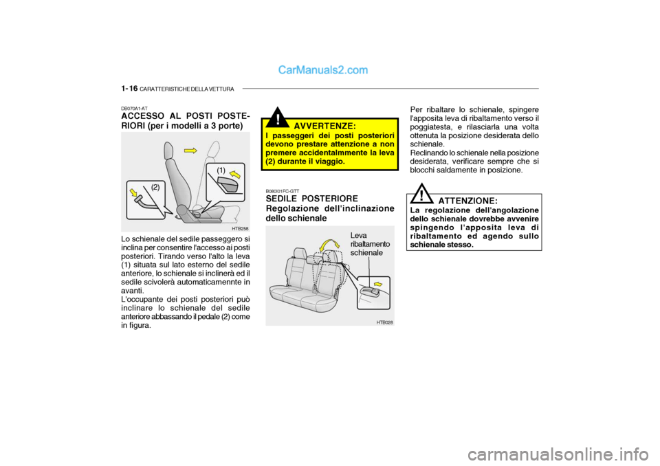 Hyundai Getz 2003 Manuale del proprietario (in Italian) 1- 16 CARATTERISTICHE DELLA VETTURA
!
B080I01FC-GTT SEDILE POSTERIORE Regolazione dellinclinazione
dello schienale
HTB258
HTB028
Leva ribaltamento schienale
(1)
(2)
DB070A1-AT ACCESSO AL POSTI POSTE Hyundai Getz 2003 Manuale del proprietario (in Italian) 1- 16 CARATTERISTICHE DELLA VETTURA
!
B080I01FC-GTT SEDILE POSTERIORE Regolazione dellinclinazione
dello schienale
HTB258
HTB028
Leva ribaltamento schienale
(1)
(2)
DB070A1-AT ACCESSO AL POSTI POSTE