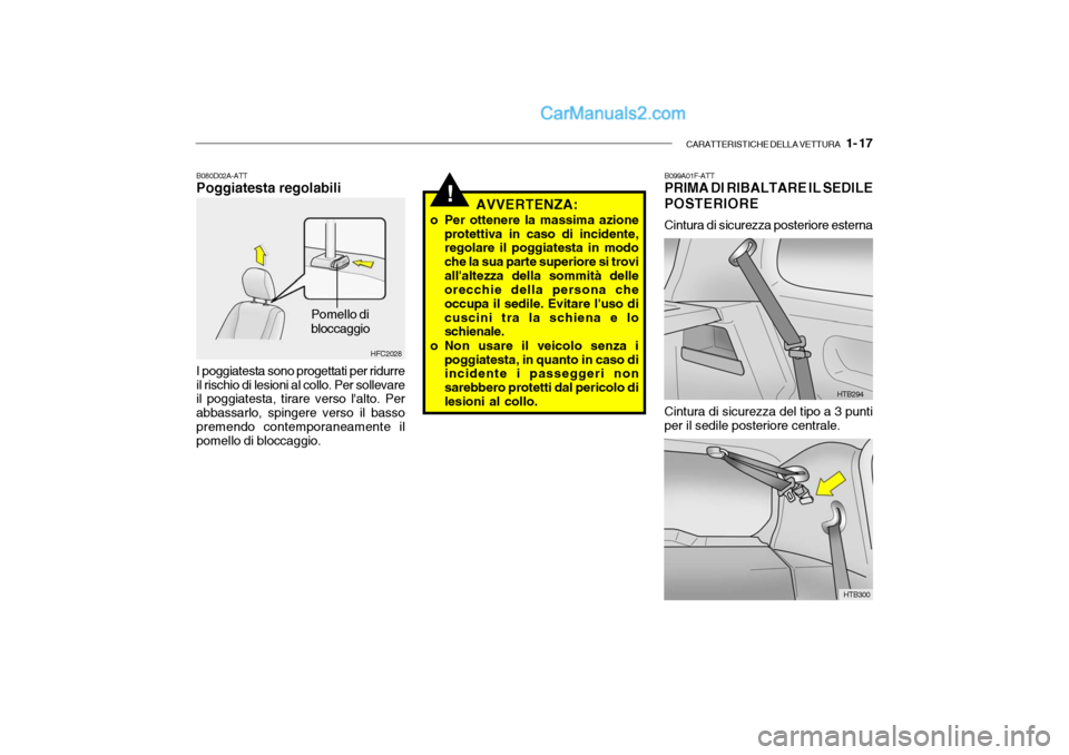 Hyundai Getz 2003 Manuale del proprietario (in Italian) CARATTERISTICHE DELLA VETTURA 1- 17
!
B080D02A-ATT Poggiatesta regolabili
Pomello di bloccaggio
HFC2028
I poggiatesta sono progettati per ridurre il rischio di lesioni al collo. Per sollevare il pog Hyundai Getz 2003 Manuale del proprietario (in Italian) CARATTERISTICHE DELLA VETTURA 1- 17
!
B080D02A-ATT Poggiatesta regolabili
Pomello di bloccaggio
HFC2028
I poggiatesta sono progettati per ridurre il rischio di lesioni al collo. Per sollevare il pog