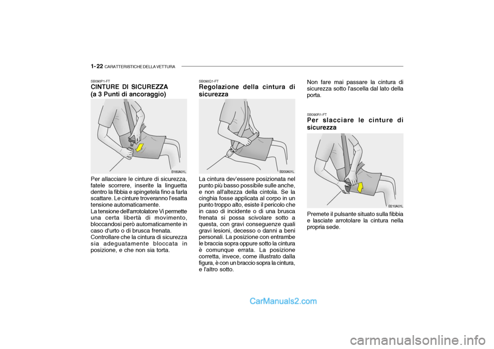 Hyundai Getz 2003 Manuale del proprietario (in Italian) 1- 22 CARATTERISTICHE DELLA VETTURA
SB090P1-FT CINTURE DI SICUREZZA (a 3 Punti di ancoraggio) Per allacciare le cinture di sicurezza, fatele scorrere, inserite la linguettadentro la fibbia e spingete Hyundai Getz 2003 Manuale del proprietario (in Italian) 1- 22 CARATTERISTICHE DELLA VETTURA
SB090P1-FT CINTURE DI SICUREZZA (a 3 Punti di ancoraggio) Per allacciare le cinture di sicurezza, fatele scorrere, inserite la linguettadentro la fibbia e spingete