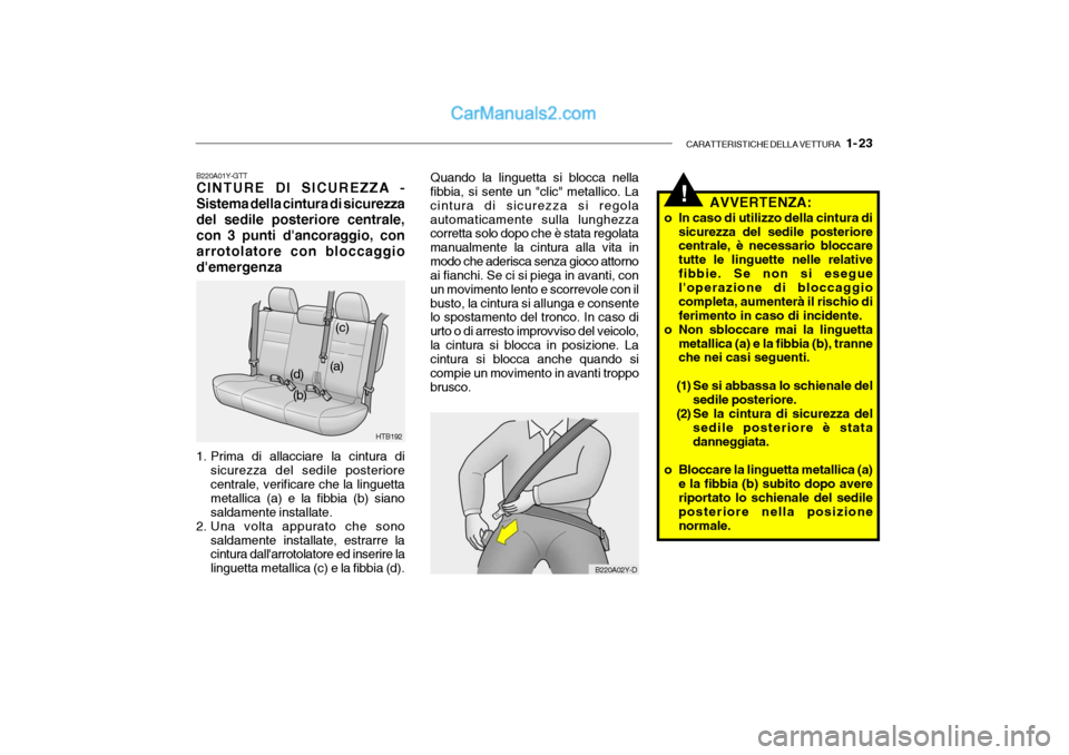 Hyundai Getz 2003 Manuale del proprietario (in Italian) CARATTERISTICHE DELLA VETTURA 1- 23
!
B220A01Y-GTT CINTURE DI SICUREZZA - Sistema della cintura di sicurezzadel sedile posteriore centrale,con 3 punti dancoraggio, conarrotolatore con bloccaggio d Hyundai Getz 2003 Manuale del proprietario (in Italian) CARATTERISTICHE DELLA VETTURA 1- 23
!
B220A01Y-GTT CINTURE DI SICUREZZA - Sistema della cintura di sicurezzadel sedile posteriore centrale,con 3 punti dancoraggio, conarrotolatore con bloccaggio d