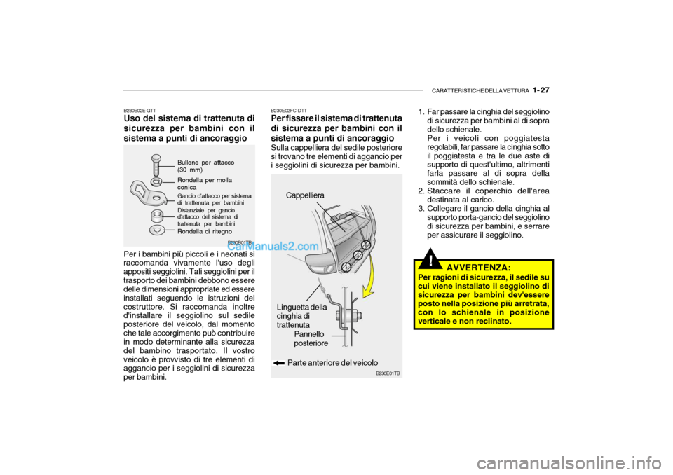 Hyundai Getz 2003 Manuale del proprietario (in Italian) CARATTERISTICHE DELLA VETTURA 1- 27
!
B230B01TB
B230E01TB
Pannello posteriore
Parte anteriore del veicolo
Linguetta della cinghia di trattenuta Cappelliera
B230E02FC-DTT Per fissare il sistema di tr Hyundai Getz 2003 Manuale del proprietario (in Italian) CARATTERISTICHE DELLA VETTURA 1- 27
!
B230B01TB
B230E01TB
Pannello posteriore
Parte anteriore del veicolo
Linguetta della cinghia di trattenuta Cappelliera
B230E02FC-DTT Per fissare il sistema di tr