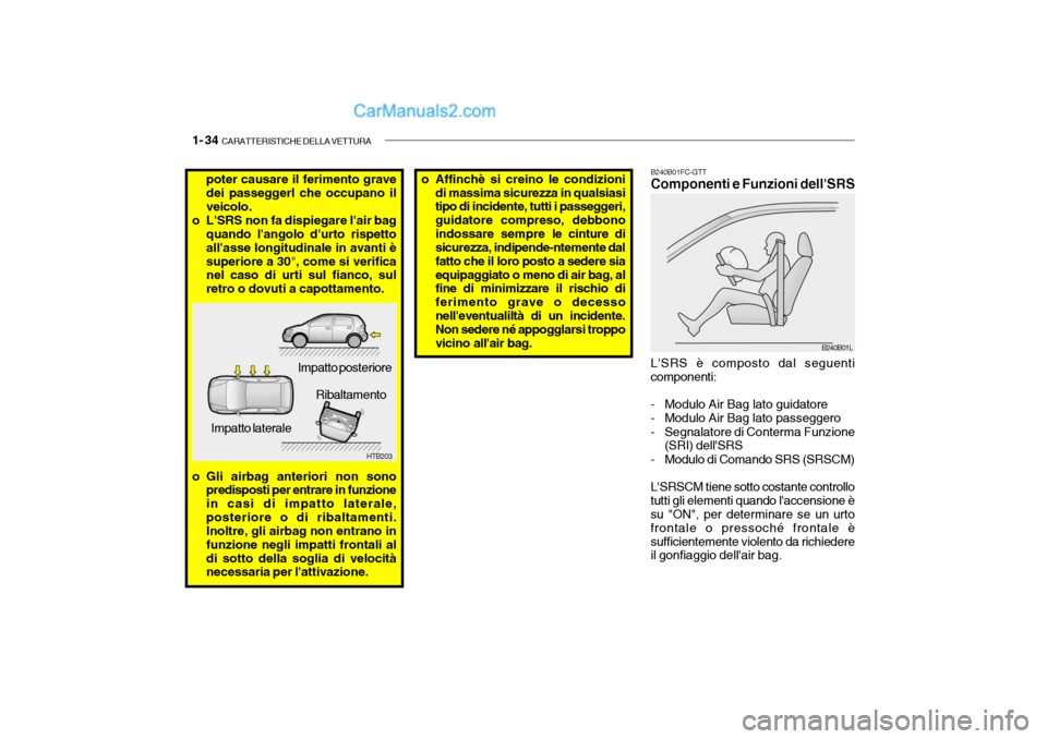 Hyundai Getz 2003 Manuale del proprietario (in Italian) 1- 34 CARATTERISTICHE DELLA VETTURA
poter causare il ferimento grave dei passeggerl che occupano il veicolo.
o LSRS non fa dispiegare lair bag quando langolo durto rispetto allasse longitudinale Hyundai Getz 2003 Manuale del proprietario (in Italian) 1- 34 CARATTERISTICHE DELLA VETTURA
poter causare il ferimento grave dei passeggerl che occupano il veicolo.
o LSRS non fa dispiegare lair bag quando langolo durto rispetto allasse longitudinale