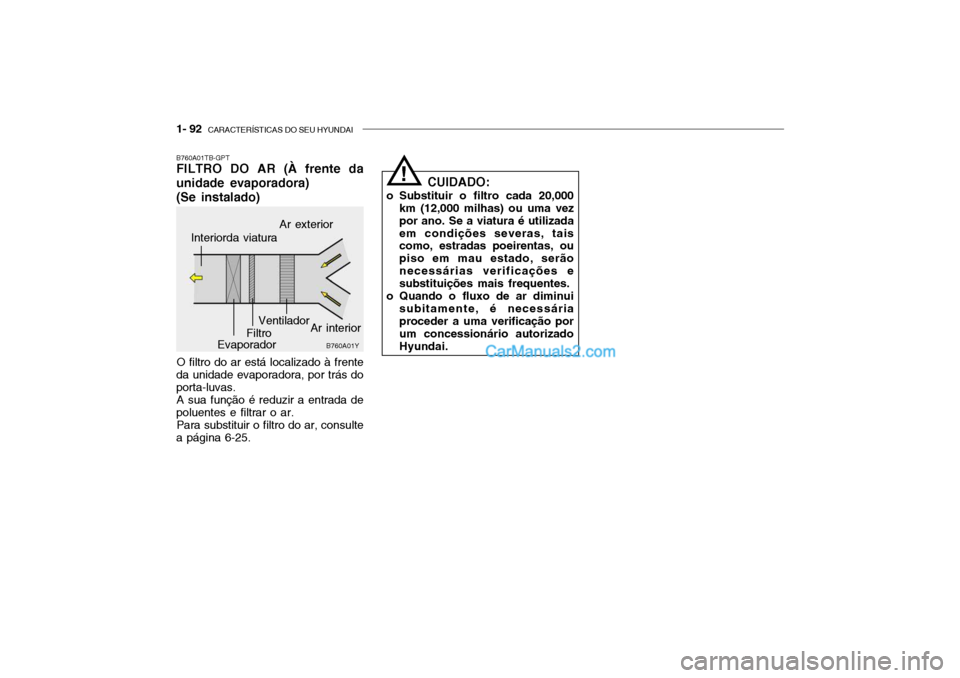 Hyundai Getz 2003 Manual do proprietário (in Portuguese) 1- 92 CARACTERÍSTICAS DO SEU HYUNDAI
B760A01TB-GPT FILTRO DO AR (À frente da unidade evaporadora) (Se instalado)
O filtro do ar está localizado à frente
da unidade evaporadora, por trás do porta Hyundai Getz 2003 Manual do proprietário (in Portuguese) 1- 92 CARACTERÍSTICAS DO SEU HYUNDAI
B760A01TB-GPT FILTRO DO AR (À frente da unidade evaporadora) (Se instalado)
O filtro do ar está localizado à frente
da unidade evaporadora, por trás do porta