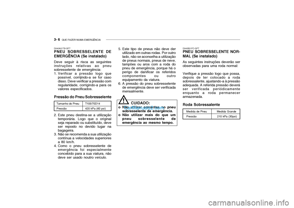 Hyundai Getz 2003 Manual do proprietário (in Portuguese) 3- 6 QUE FAZER NUMA EMERGÊNCIA
D040A01TB-GPT PNEU SOBRESSELENTE DE EMERGÊNCIA (Se instalado) Deve seguir à risca as seguintes instruções relativas ao pneusobresselente de emergência:
1. Verific Hyundai Getz 2003 Manual do proprietário (in Portuguese) 3- 6 QUE FAZER NUMA EMERGÊNCIA
D040A01TB-GPT PNEU SOBRESSELENTE DE EMERGÊNCIA (Se instalado) Deve seguir à risca as seguintes instruções relativas ao pneusobresselente de emergência:
1. Verific