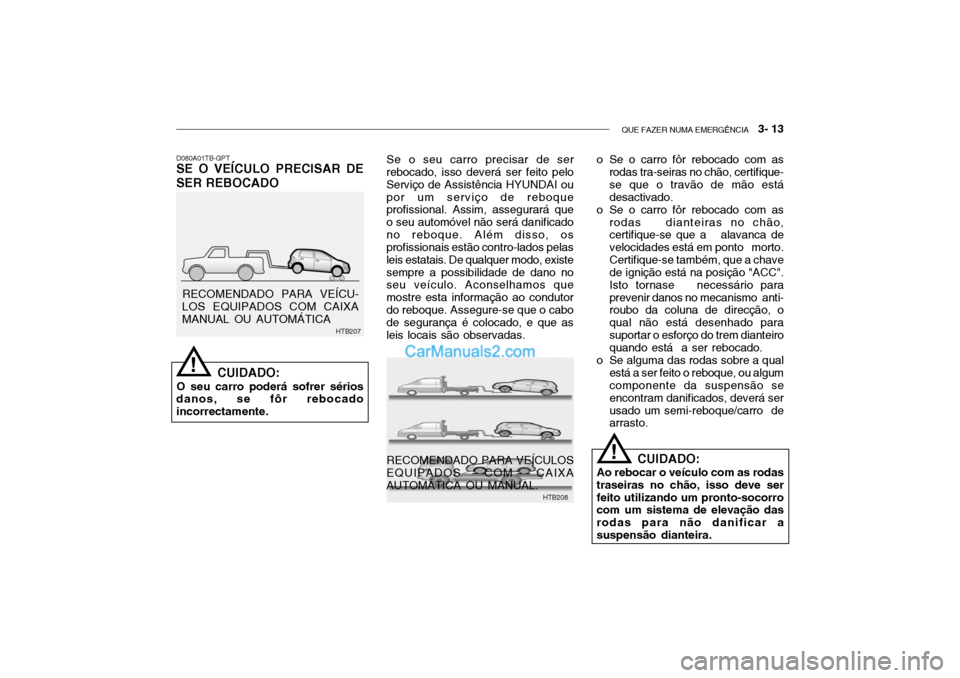 Hyundai Getz 2003 Manual do proprietário (in Portuguese) QUE FAZER NUMA EMERGÊNCIA 3- 13
D080A01TB-GPT
SE O VEÍCULO PRECISAR DE SER REBOCADO
CUIDADO:
O seu carro poderá sofrer sérios
danos, se fôr rebocado incorrectamente.
RECOMENDADO PARA VEÍCU-
LO Hyundai Getz 2003 Manual do proprietário (in Portuguese) QUE FAZER NUMA EMERGÊNCIA 3- 13
D080A01TB-GPT
SE O VEÍCULO PRECISAR DE SER REBOCADO
CUIDADO:
O seu carro poderá sofrer sérios
danos, se fôr rebocado incorrectamente.
RECOMENDADO PARA VEÍCU-
LO