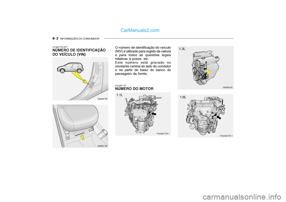 Hyundai Getz 2003 Manual do proprietário (in Portuguese) 8- 2 INFORMAÇÕES DO CONSUMIDOR
I010A01TB-GPT NÚMERO DE IDENTIFICAÇÃO DO VEÍCULO (VIN) O número de identificação do veículo (NIV) é utilizado para registo da viatura e para todos as questõ Hyundai Getz 2003 Manual do proprietário (in Portuguese) 8- 2 INFORMAÇÕES DO CONSUMIDOR
I010A01TB-GPT NÚMERO DE IDENTIFICAÇÃO DO VEÍCULO (VIN) O número de identificação do veículo (NIV) é utilizado para registo da viatura e para todos as questõ