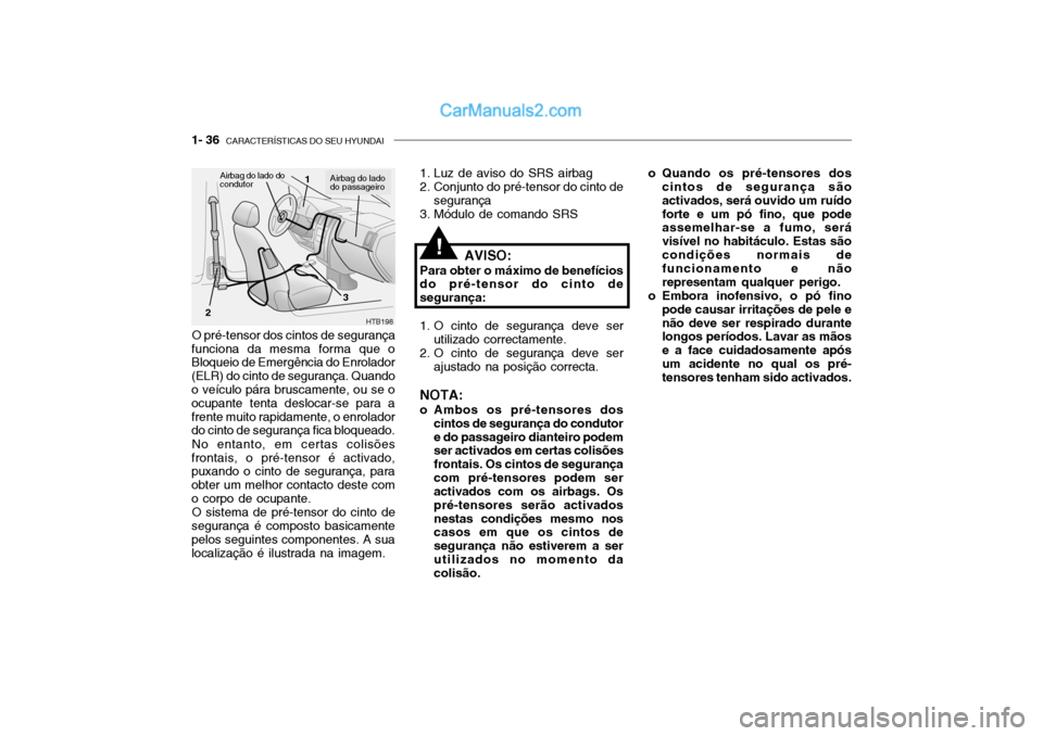 Hyundai Getz 2003 Manual do proprietário (in Portuguese) 1- 36 CARACTERÍSTICAS DO SEU HYUNDAI
O pré-tensor dos cintos de segurança
funciona da mesma forma que o Bloqueio de Emergência do Enrolador (ELR) do cinto de segurança. Quando o veículo pára b Hyundai Getz 2003 Manual do proprietário (in Portuguese) 1- 36 CARACTERÍSTICAS DO SEU HYUNDAI
O pré-tensor dos cintos de segurança
funciona da mesma forma que o Bloqueio de Emergência do Enrolador (ELR) do cinto de segurança. Quando o veículo pára b