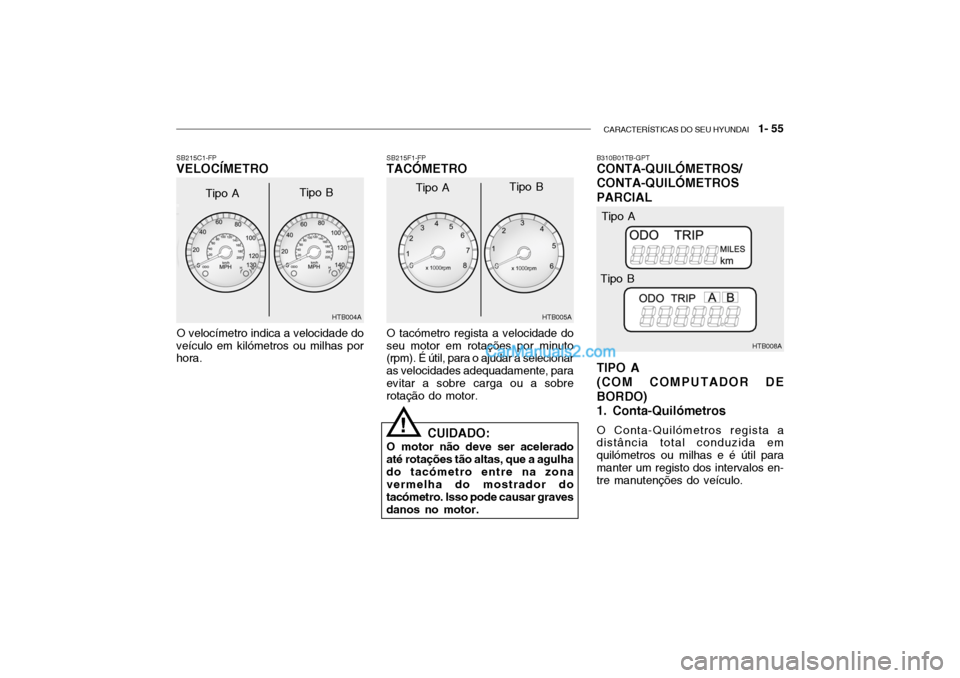 Hyundai Getz 2003 Manual do proprietário (in Portuguese) CARACTERÍSTICAS DO SEU HYUNDAI 1- 55
O velocímetro indica a velocidade do
veículo em kilómetros ou milhas por hora. SB215F1-FPTACÓMETRO
SB215C1-FPVELOCÍMETRO
O tacómetro regista a velocidade Hyundai Getz 2003 Manual do proprietário (in Portuguese) CARACTERÍSTICAS DO SEU HYUNDAI 1- 55
O velocímetro indica a velocidade do
veículo em kilómetros ou milhas por hora. SB215F1-FPTACÓMETRO
SB215C1-FPVELOCÍMETRO
O tacómetro regista a velocidade