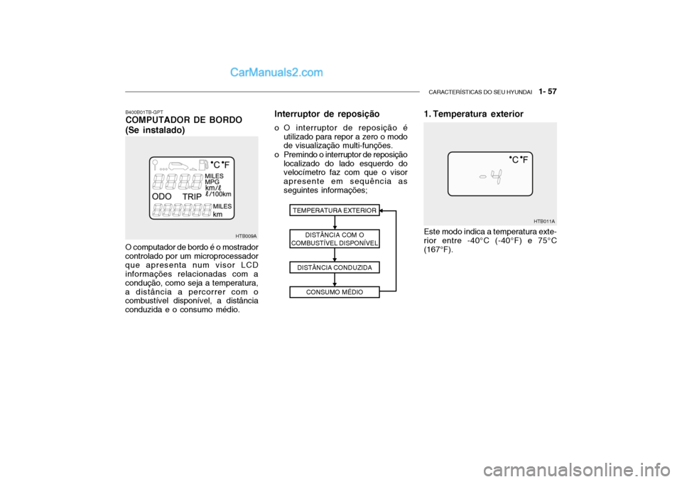 Hyundai Getz 2003 Manual do proprietário (in Portuguese) CARACTERÍSTICAS DO SEU HYUNDAI 1- 57
HTB009A
O computador de bordo é o mostrador controlado por um microprocessadorque apresenta num visor LCD informações relacionadas com a condução, como sej Hyundai Getz 2003 Manual do proprietário (in Portuguese) CARACTERÍSTICAS DO SEU HYUNDAI 1- 57
HTB009A
O computador de bordo é o mostrador controlado por um microprocessadorque apresenta num visor LCD informações relacionadas com a condução, como sej