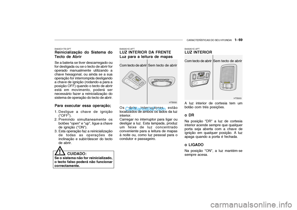 Hyundai Getz 2003 Manual do proprietário (in Portuguese) CARACTERÍSTICAS DO SEU HYUNDAI 1- 69
HTB303
B460E01TB-GPT Reinicialização do Sistema do
Tecto de Abrir
Se a bateria se tiver descarregado ou
for desligada ou se o tecto de abrir foroperado manual Hyundai Getz 2003 Manual do proprietário (in Portuguese) CARACTERÍSTICAS DO SEU HYUNDAI 1- 69
HTB303
B460E01TB-GPT Reinicialização do Sistema do
Tecto de Abrir
Se a bateria se tiver descarregado ou
for desligada ou se o tecto de abrir foroperado manual