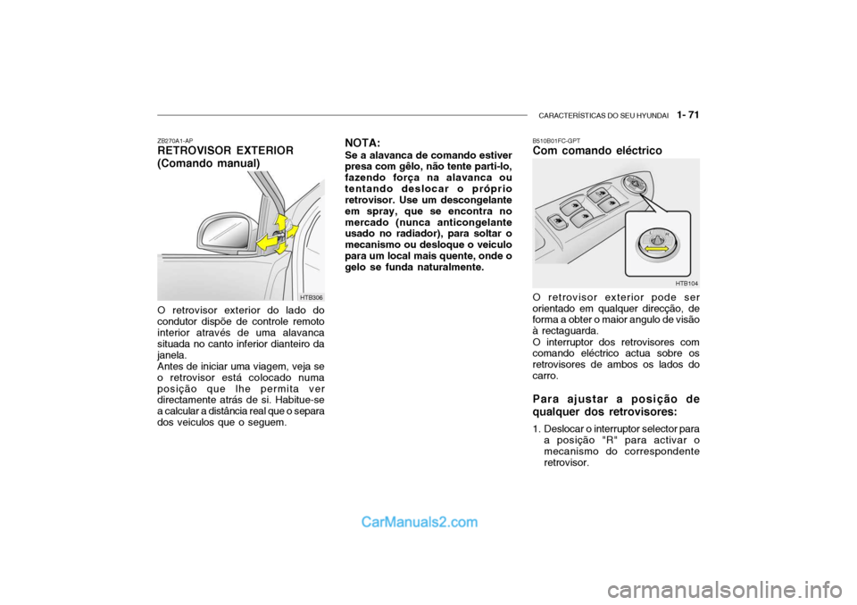 Hyundai Getz 2003 Manual do proprietário (in Portuguese) CARACTERÍSTICAS DO SEU HYUNDAI 1- 71
HTB306
ZB270A1-AP RETROVISOR EXTERIOR (Comando manual) O retrovisor exterior do lado do condutor dispõe de controle remotointerior através de uma alavanca sit Hyundai Getz 2003 Manual do proprietário (in Portuguese) CARACTERÍSTICAS DO SEU HYUNDAI 1- 71
HTB306
ZB270A1-AP RETROVISOR EXTERIOR (Comando manual) O retrovisor exterior do lado do condutor dispõe de controle remotointerior através de uma alavanca sit