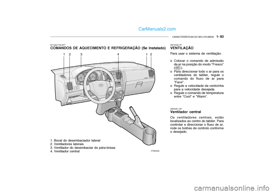 Hyundai Getz 2003 Manual do proprietário (in Portuguese) CARACTERÍSTICAS DO SEU HYUNDAI 1- 83
HTB032A
1
2 3 4
12
B710A01TB-GPT COMANDOS DE AQUECIMENTO E REFRIGERAÇÃO (Se Instalado)
DB430E1-APVentilador central Os ventiladores centrais, estão localizad Hyundai Getz 2003 Manual do proprietário (in Portuguese) CARACTERÍSTICAS DO SEU HYUNDAI 1- 83
HTB032A
1
2 3 4
12
B710A01TB-GPT COMANDOS DE AQUECIMENTO E REFRIGERAÇÃO (Se Instalado)
DB430E1-APVentilador central Os ventiladores centrais, estão localizad