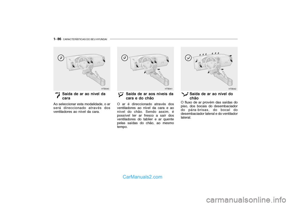 Hyundai Getz 2003 Manual do proprietário (in Portuguese) 1- 86 CARACTERÍSTICAS DO SEU HYUNDAI
HTB040 HTB041
HTB042
Saída de ar ao nível da cara
Ao seleccionar esta modalidade, o ar será direccionado através dos ventiladores ao nível da cara. Saída d Hyundai Getz 2003 Manual do proprietário (in Portuguese) 1- 86 CARACTERÍSTICAS DO SEU HYUNDAI
HTB040 HTB041
HTB042
Saída de ar ao nível da cara
Ao seleccionar esta modalidade, o ar será direccionado através dos ventiladores ao nível da cara. Saída d