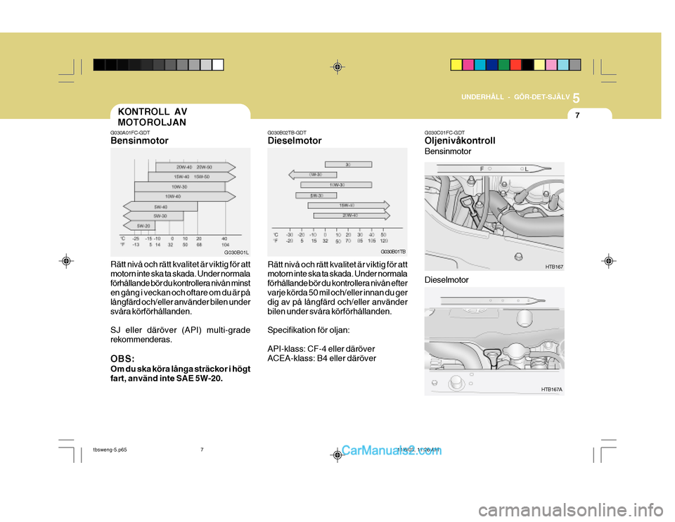 Hyundai Getz 2003 Ägarmanual (in Swedish) 5
UNDERHÅLL - GÖR-DET-SJÄLV
7KONTROLL AV MOTOROLJAN
G030A01FC-GDT Bensinmotor Rätt nivå och rätt kvalitet är viktig för att motorn inte ska ta skada. Under normalaförhållande bör du kontrol Hyundai Getz 2003 Ägarmanual (in Swedish) 5
UNDERHÅLL - GÖR-DET-SJÄLV
7KONTROLL AV MOTOROLJAN
G030A01FC-GDT Bensinmotor Rätt nivå och rätt kvalitet är viktig för att motorn inte ska ta skada. Under normalaförhållande bör du kontrol