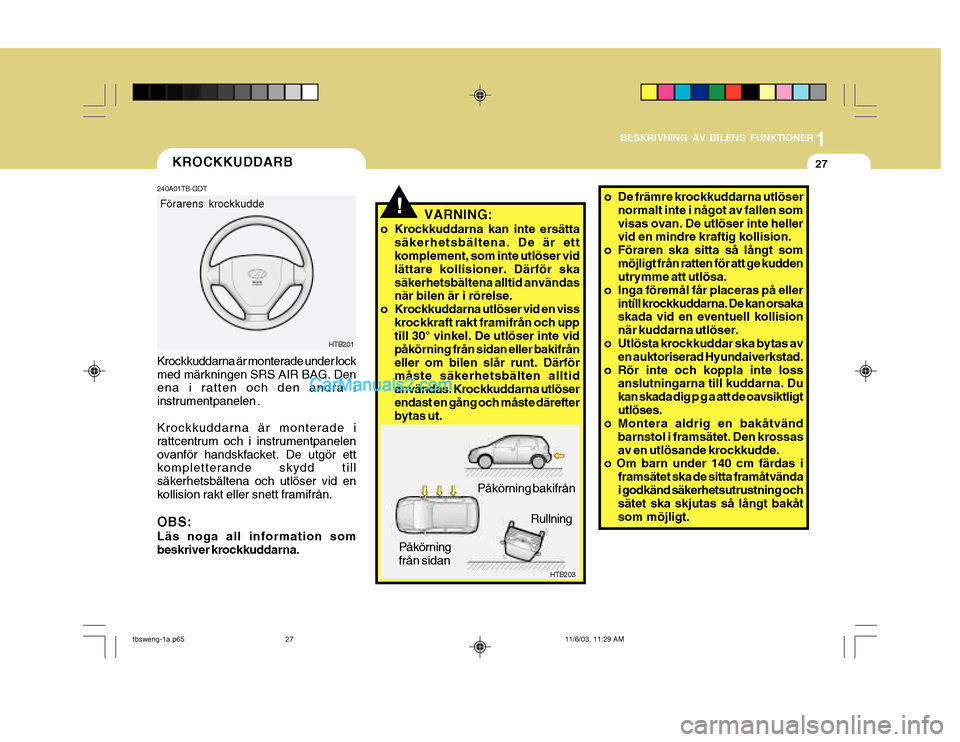 Hyundai Getz 2003 Ägarmanual (in Swedish) 1
BESKRIVNING AV BILENS FUNKTIONER
27
!
HTB203
Påkörning bakifrån
Påkörning från sidan Rullning
VARNING:
o Krockkuddarna kan inte ersätta säkerhetsbältena. De är ett komplement, som inte utl Hyundai Getz 2003 Ägarmanual (in Swedish) 1
BESKRIVNING AV BILENS FUNKTIONER
27
!
HTB203
Påkörning bakifrån
Påkörning från sidan Rullning
VARNING:
o Krockkuddarna kan inte ersätta säkerhetsbältena. De är ett komplement, som inte utl