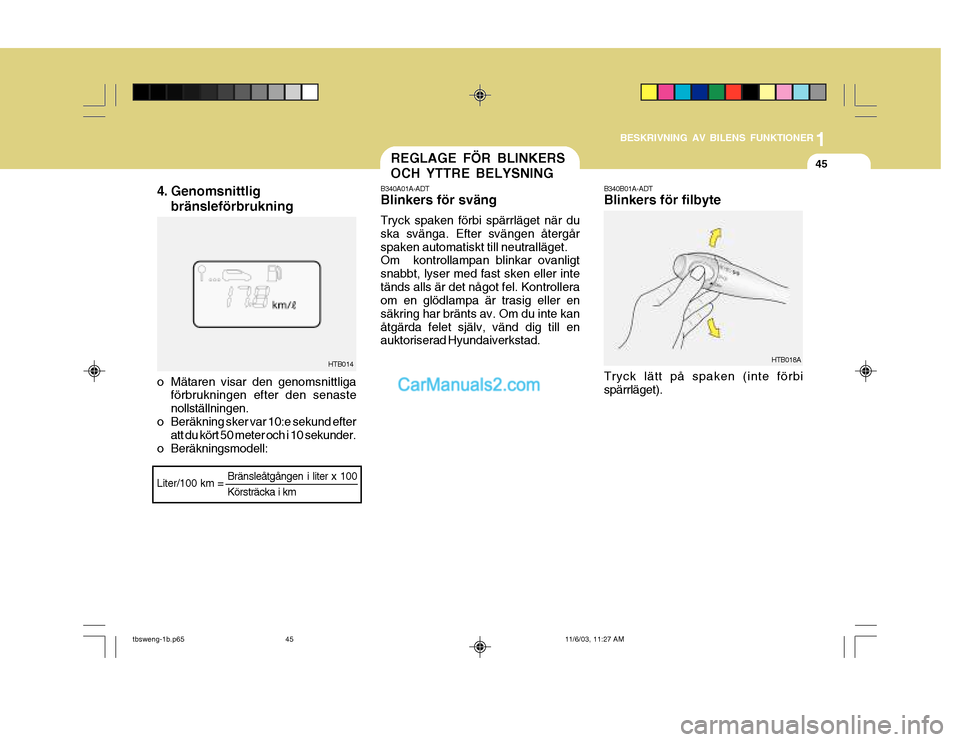 Hyundai Getz 2003  Ägarmanual (in Swedish) 1
BESKRIVNING AV BILENS FUNKTIONER
45
HTB018A
B340B01A-ADT Blinkers för filbyte Tryck lätt på spaken (inte förbi spärrläget).
B340A01A-ADT Blinkers för sväng Tryck spaken förbi spärrläget n